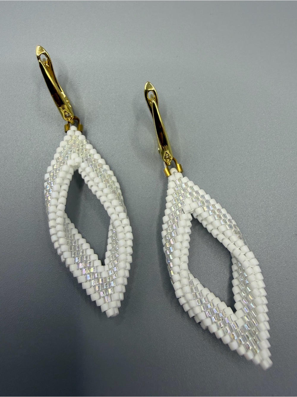 White Beaded Dangle Earrings with Gold Hooks
